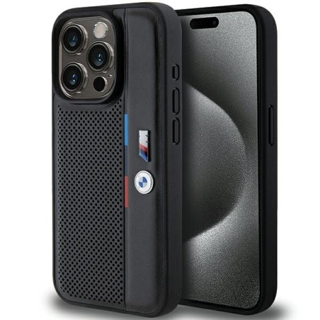 Etui BMW Perforated Tricolor Line na iPhone 15 Pro - czarne Etui BMW Perforated Tricolor Line na iPhone 15 Pro - czarne