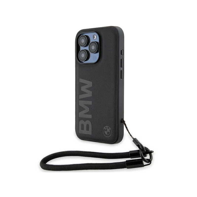 Etui BMW Signature Leather Wordmark Cord na iPhone 15 Pro - czarne Etui BMW Signature Leather Wordmark Cord na iPhone 15 Pro - czarne