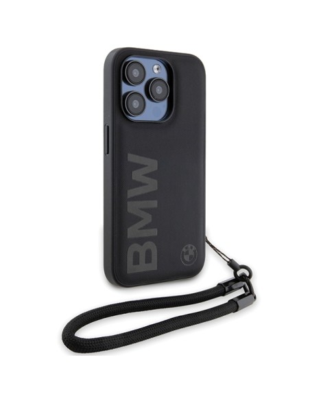 Etui BMW Signature Leather Wordmark Cord na iPhone 15 Pro - czarne Etui BMW Signature Leather Wordmark Cord na iPhone 15 Pro - czarne