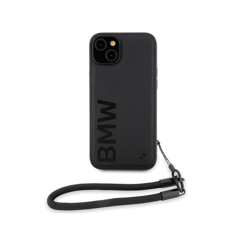 Etui BMW Signature Leather Wordmark Cord na iPhone 15 Plus / 14 Plus - czarne