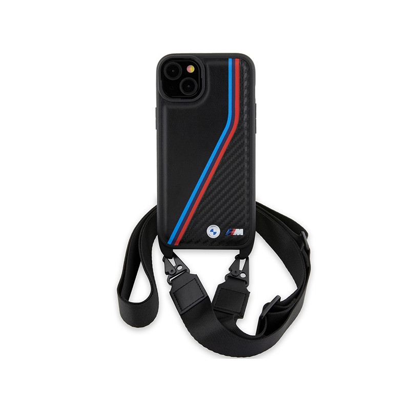 Etui BMW M Edition Carbon Tricolor Lines & Strap na iPhone 15 / 14 / 13 - czarne