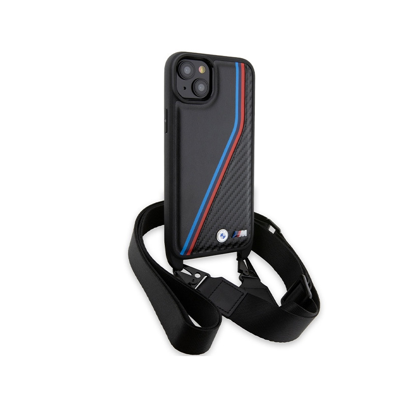 Etui BMW M Edition Carbon Tricolor Lines & Strap na iPhone 15 / 14 / 13 - czarne