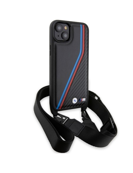Etui BMW M Edition Carbon Tricolor Lines & Strap na iPhone 15 / 14 / 13 - czarne Etui BMW M Edition Carbon Tricolor Lines & Strap na iPhone 15 / 14 / 13 - czarne