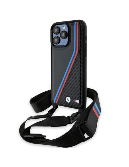 Etui BMW M Edition Carbon Tricolor Lines & Strap na iPhone 15 Pro Max - czarne Etui BMW M Edition Carbon Tricolor Lines & Strap na iPhone 15 Pro Max - czarne