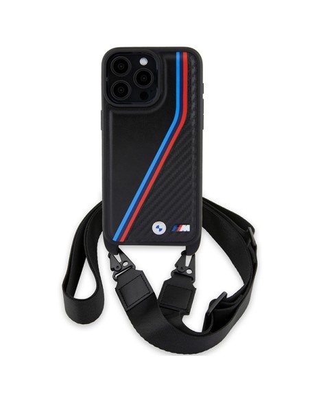 Etui BMW M Edition Carbon Tricolor Lines & Strap na iPhone 15 Pro Max - czarne Etui BMW M Edition Carbon Tricolor Lines & Strap na iPhone 15 Pro Max - czarne