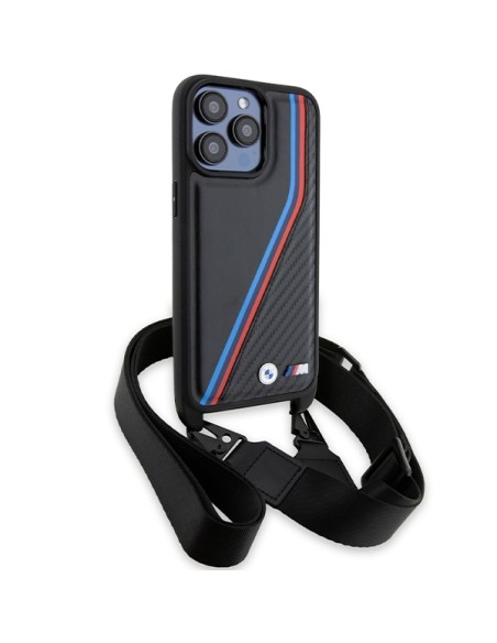 Etui BMW M Edition Carbon Tricolor Lines & Strap na iPhone 15 Pro Max - czarne Etui BMW M Edition Carbon Tricolor Lines & Strap na iPhone 15 Pro Max - czarne