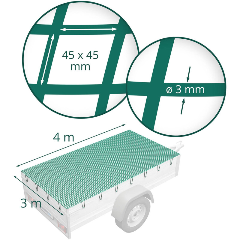 Krovinio tvirtinimo tinklas priekabai 4 x 3 m žalias