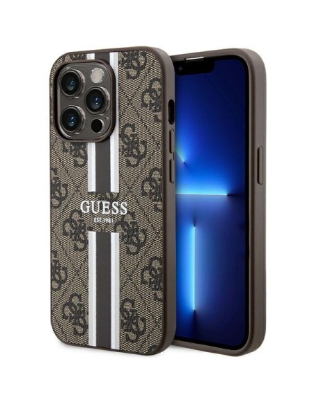 Etui Guess 4G Printed Stripes MagSafe na iPhone 15 Pro - brązowe