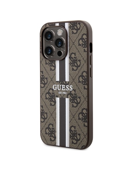 Etui Guess 4G Printed Stripes MagSafe na iPhone 15 Pro - brązowe