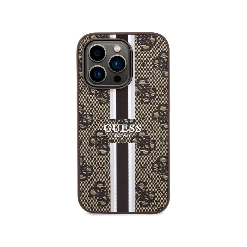 Etui Guess 4G Printed Stripes MagSafe na iPhone 15 Pro - brązowe