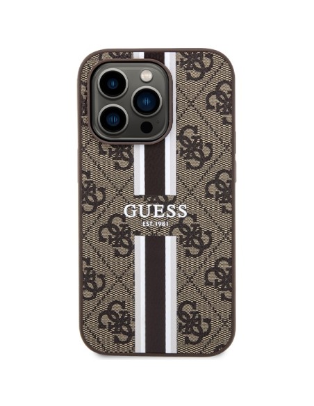 Etui Guess 4G Printed Stripes MagSafe na iPhone 15 Pro - brązowe