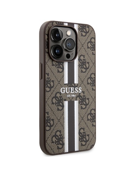 Etui Guess 4G Printed Stripes MagSafe na iPhone 15 Pro - brązowe