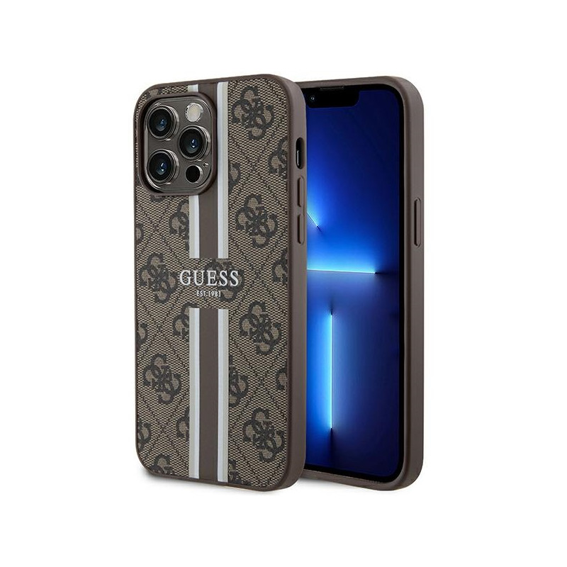 Etui Guess 4G Printed Stripes MagSafe na iPhone 15 Pro Max - brązowe