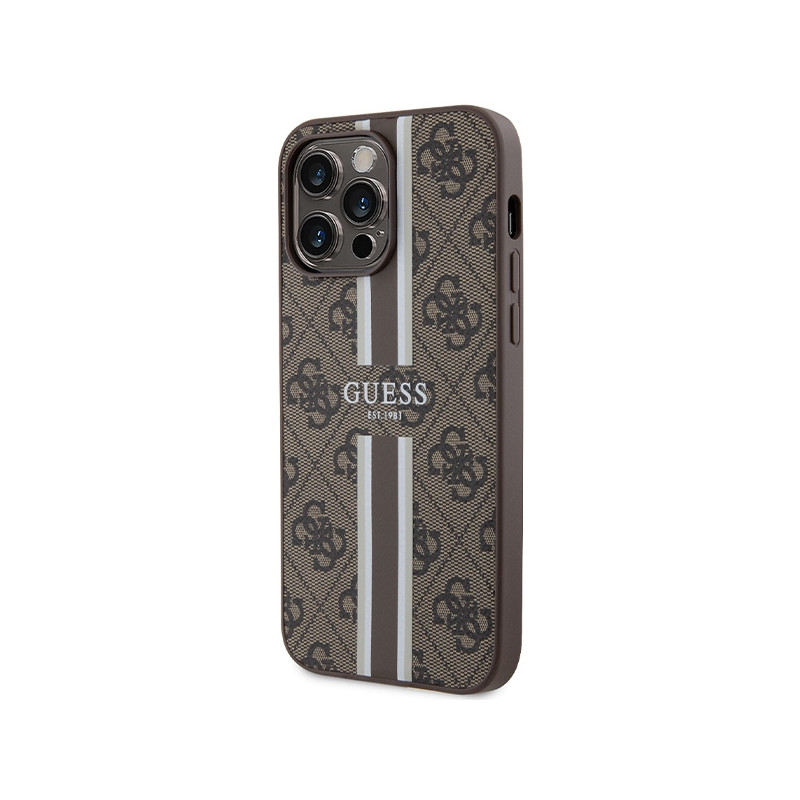 Etui Guess 4G Printed Stripes MagSafe na iPhone 15 Pro Max - brązowe