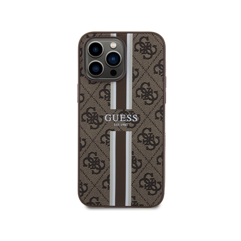 Etui Guess 4G Printed Stripes MagSafe na iPhone 15 Pro Max - brązowe