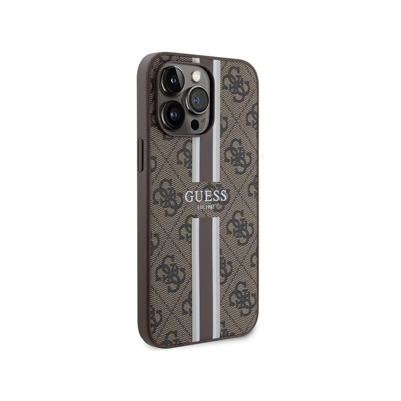 Etui Guess 4G Printed Stripes MagSafe na iPhone 15 Pro Max - brązowe