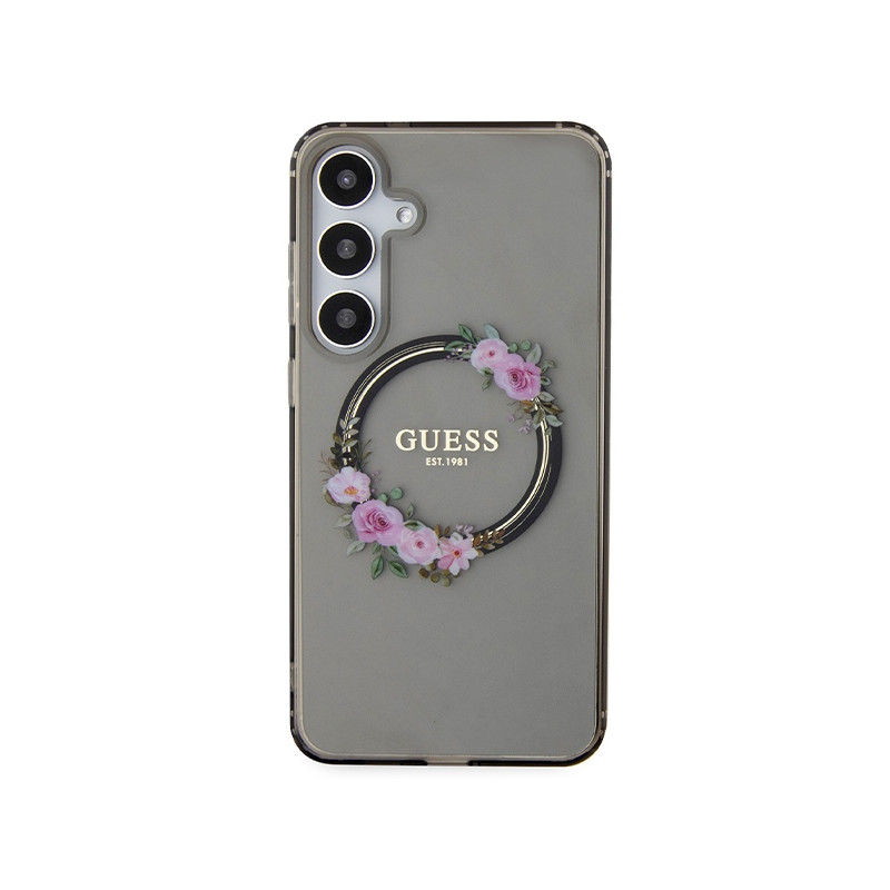 Etui Guess IML Flowers Wreath MagSafe na Samsung Galaxy S24+ - czarne