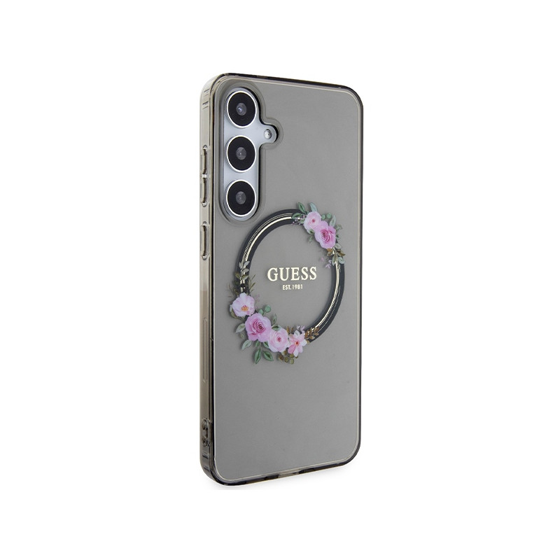 Etui Guess IML Flowers Wreath MagSafe na Samsung Galaxy S24+ - czarne