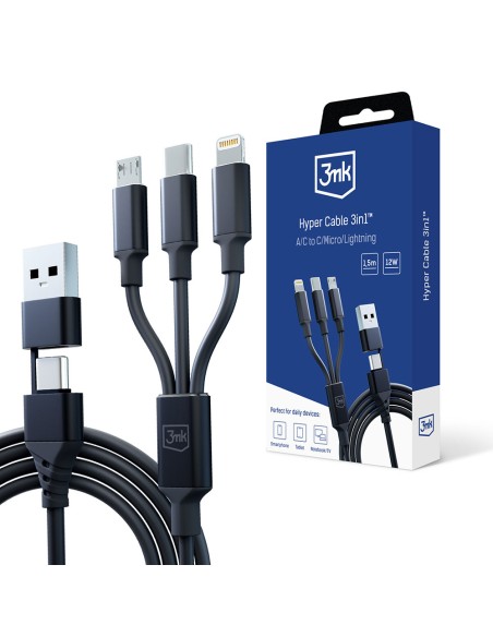 Kabel 3mk Hyper Cable 3w1 USB-A - USB-C / USB-C - micro USB - Lightning 1.5m - czarny Kabel 3mk Hyper Cable 3w1 USB-A - USB-C / USB-C - micro USB - Lightning 1.5m - czarny
