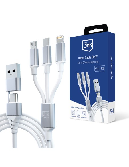 Kabel 3mk Hyper Cable 3w1 USB-A - USB-C / USB-C - micro USB - Lightning 1.5m - biały Kabel 3mk Hyper Cable 3w1 USB-A - USB-C / USB-C - micro USB - Lightning 1.5m - biały