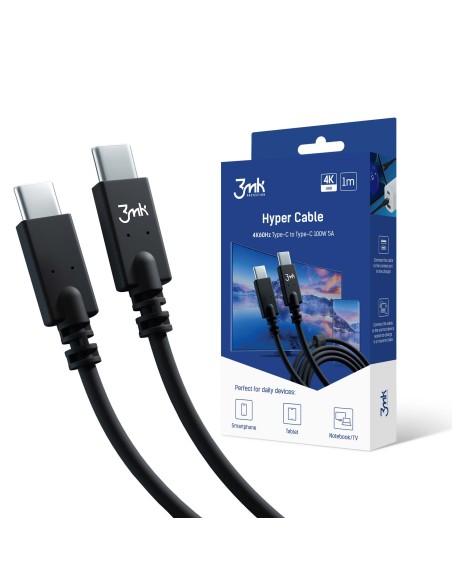 Kabel 3mk Hyper Cable USB-C / USB-C 100W 4K 60Hz 1m - czarny Kabel 3mk Hyper Cable USB-C / USB-C 100W 4K 60Hz 1m - czarny