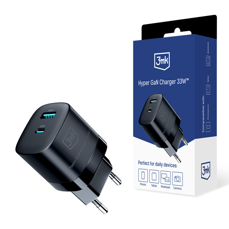 Ładowarka sieciowa 3mk Hyper Charger GaN 33W USB-C USB-A - czarna Ładowarka sieciowa 3mk Hyper Charger GaN 33W USB-C USB-A - czarna