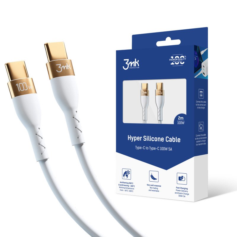 Kabel 3mk Hyper Silicone Cable USB-C / USB-C 100W 2m - biały Kabel 3mk Hyper Silicone Cable USB-C / USB-C 100W 2m - biały