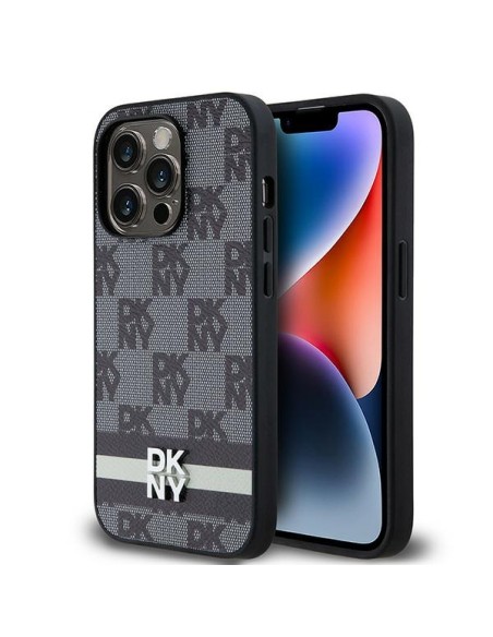 Etui DKNY Leather Checkered Mono Pattern & Printed Stripes na iPhone 14 Pro - czarne Etui DKNY Leather Checkered Mono Pattern & Printed Stripes na iPhone 14 Pro - czarne