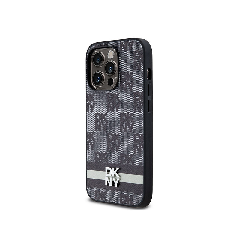 Etui DKNY Leather Checkered Mono Pattern & Printed Stripes na iPhone 14 Pro - czarne