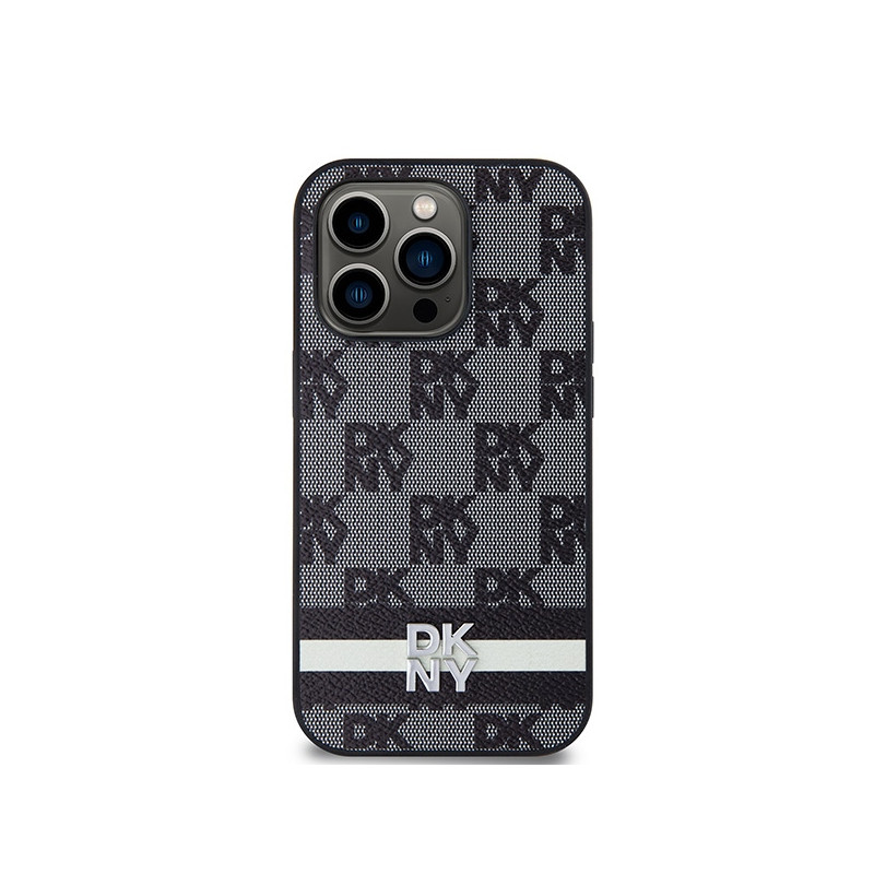 Etui DKNY Leather Checkered Mono Pattern & Printed Stripes na iPhone 14 Pro - czarne