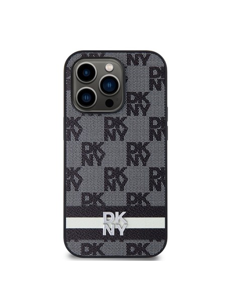 Etui DKNY Leather Checkered Mono Pattern & Printed Stripes na iPhone 14 Pro - czarne Etui DKNY Leather Checkered Mono Pattern & Printed Stripes na iPhone 14 Pro - czarne