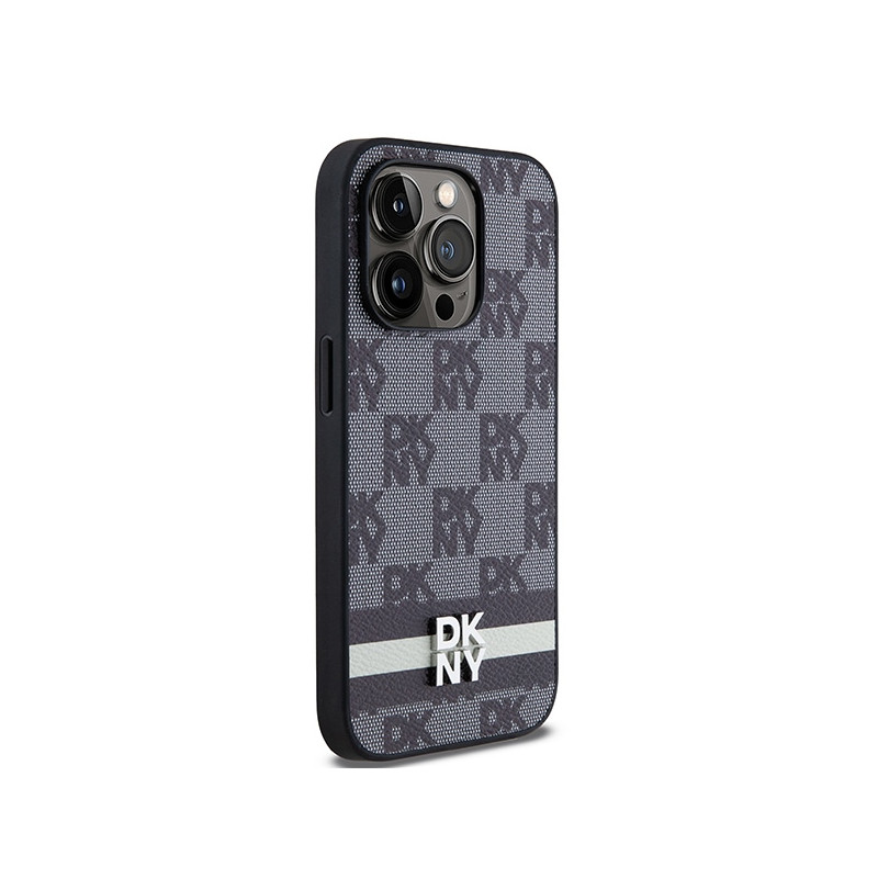 Etui DKNY Leather Checkered Mono Pattern & Printed Stripes na iPhone 14 Pro - czarne