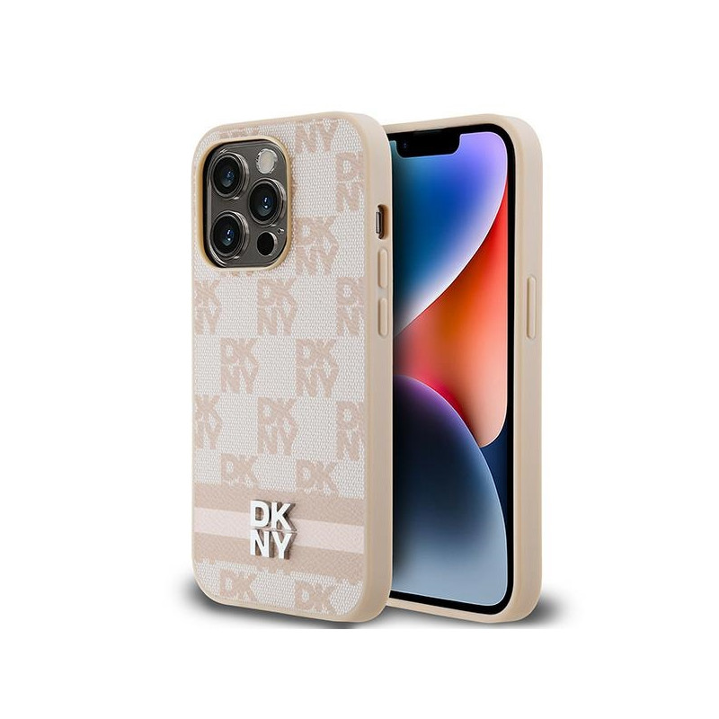 Etui DKNY Leather Checkered Mono Pattern & Printed Stripes na iPhone 14 Pro - różowe