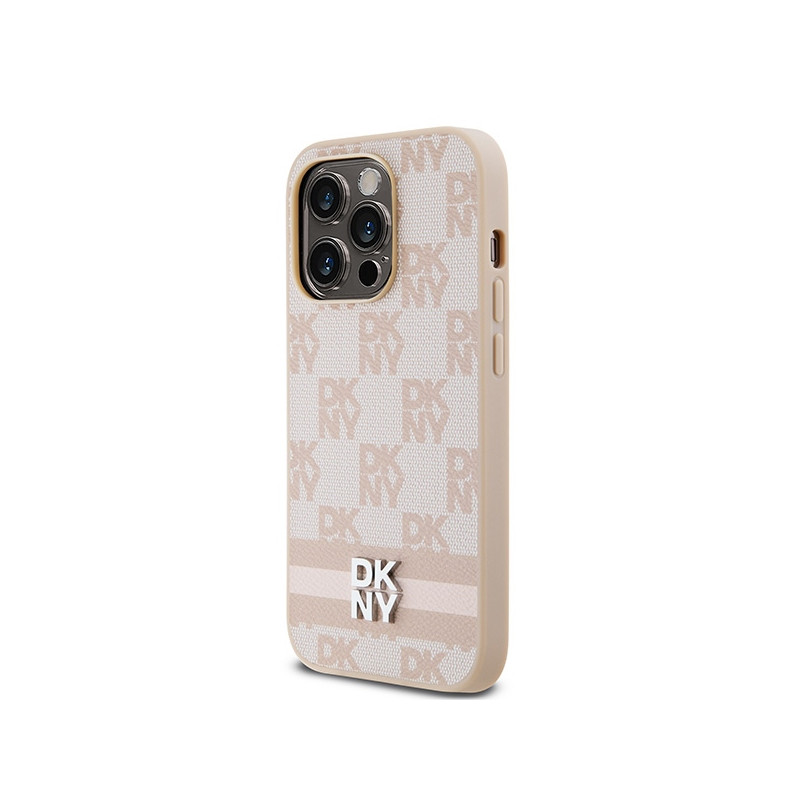 Etui DKNY Leather Checkered Mono Pattern & Printed Stripes na iPhone 14 Pro - różowe