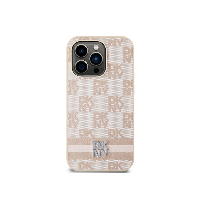 Etui DKNY Leather Checkered Mono Pattern & Printed Stripes na iPhone 14 Pro - różowe