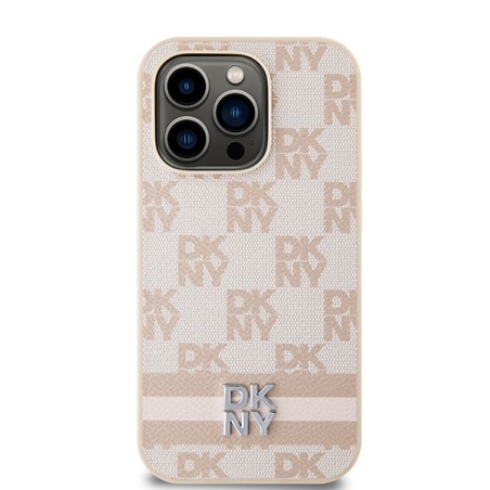 Etui DKNY Leather Checkered Mono Pattern & Printed Stripes na iPhone 14 Pro - różowe Etui DKNY Leather Checkered Mono Pattern & Printed Stripes na iPhone 14 Pro - różowe