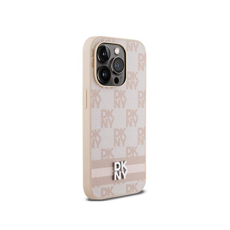 Etui DKNY Leather Checkered Mono Pattern & Printed Stripes na iPhone 14 Pro - różowe