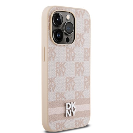 Etui DKNY Leather Checkered Mono Pattern & Printed Stripes na iPhone 14 Pro - różowe Etui DKNY Leather Checkered Mono Pattern & Printed Stripes na iPhone 14 Pro - różowe