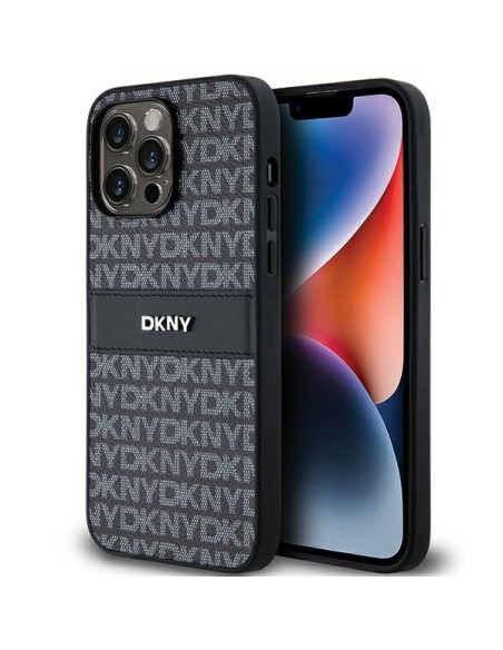 Etui DKNY Leather Mono Stripe & Metal Logo na iPhone 14 Pro - czarne Etui DKNY Leather Mono Stripe & Metal Logo na iPhone 14 Pro - czarne