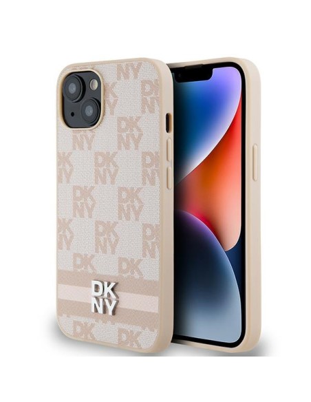 Etui DKNY Leather Checkered Mono Pattern & Printed Stripes na iPhone 15 / 14 / 13 - różowe Etui DKNY Leather Checkered Mono Pattern & Printed Stripes na iPhone 15 / 14 / 13 - różowe