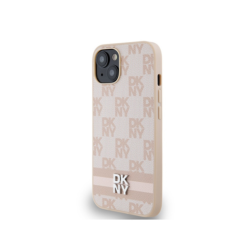 Etui DKNY Leather Checkered Mono Pattern & Printed Stripes na iPhone 15 / 14 / 13 - różowe