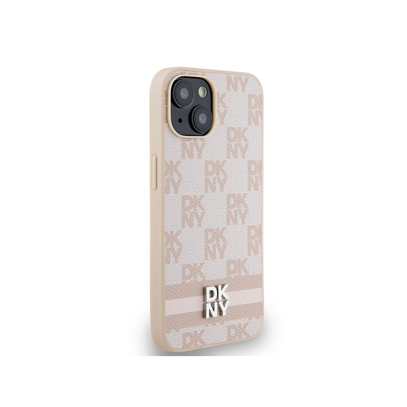 Etui DKNY Leather Checkered Mono Pattern & Printed Stripes na iPhone 15 / 14 / 13 - różowe