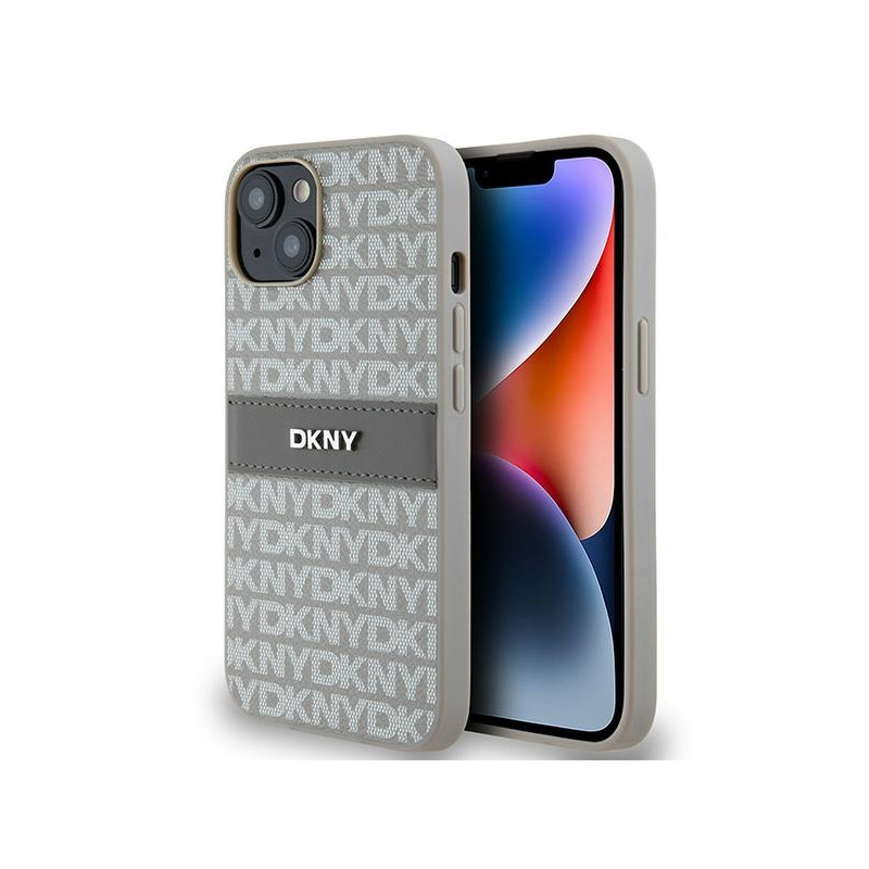 Etui DKNY Leather Mono Stripe & Metal Logo na iPhone 15 / 14 / 13 - beżowe Etui DKNY Leather Mono Stripe & Metal Logo na iPhone 15 / 14 / 13 - beżowe