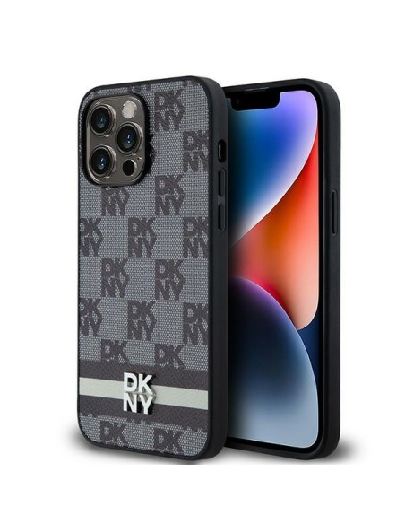 Etui DKNY Leather Checkered Mono Pattern & Printed Stripes na iPhone 14 Pro Max - czarne Etui DKNY Leather Checkered Mono Pattern & Printed Stripes na iPhone 14 Pro Max - czarne