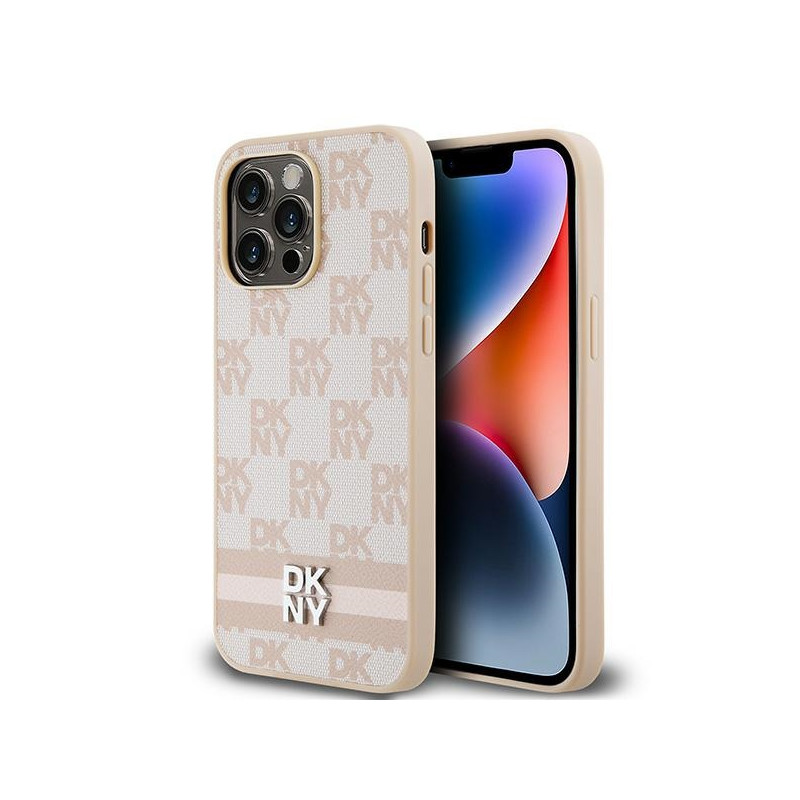 Etui DKNY Leather Checkered Mono Pattern & Printed Stripes na iPhone 14 Pro Max - różowe