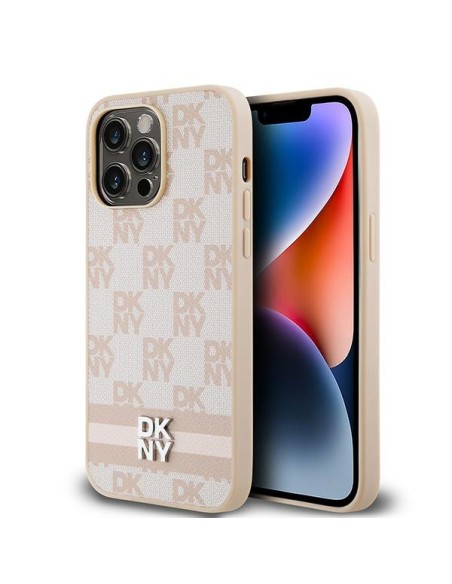 Etui DKNY Leather Checkered Mono Pattern & Printed Stripes na iPhone 14 Pro Max - różowe Etui DKNY Leather Checkered Mono Pattern & Printed Stripes na iPhone 14 Pro Max - różowe