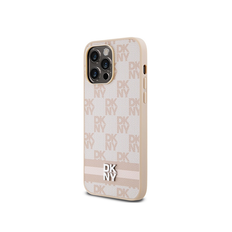 Etui DKNY Leather Checkered Mono Pattern & Printed Stripes na iPhone 14 Pro Max - różowe