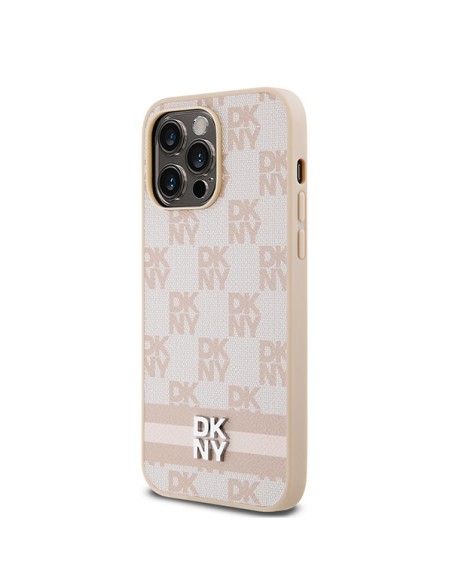Etui DKNY Leather Checkered Mono Pattern & Printed Stripes na iPhone 14 Pro Max - różowe Etui DKNY Leather Checkered Mono Pattern & Printed Stripes na iPhone 14 Pro Max - różowe