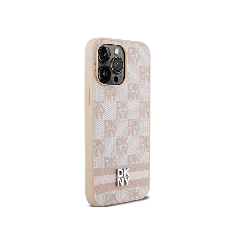 Etui DKNY Leather Checkered Mono Pattern & Printed Stripes na iPhone 14 Pro Max - różowe