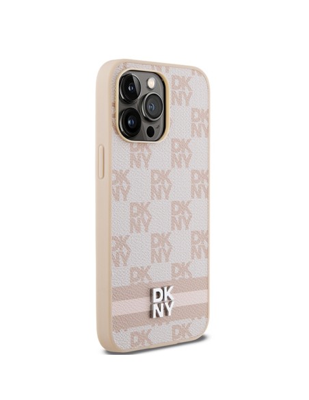 Etui DKNY Leather Checkered Mono Pattern & Printed Stripes na iPhone 14 Pro Max - różowe Etui DKNY Leather Checkered Mono Pattern & Printed Stripes na iPhone 14 Pro Max - różowe